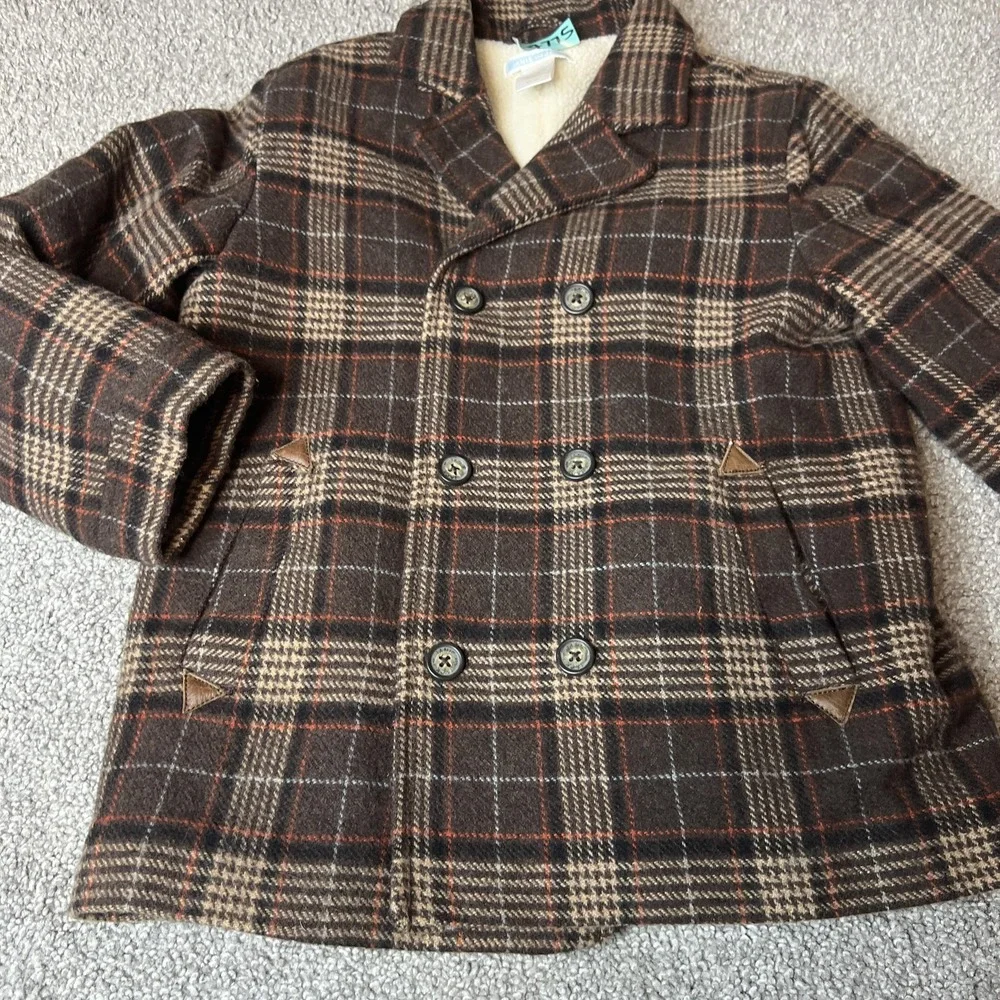 Janie And Jack Pea Coat Kids 4-5 Brown Plaid Wool Faux Fur Lined Winter‎ preppy - Picture 4 of 13